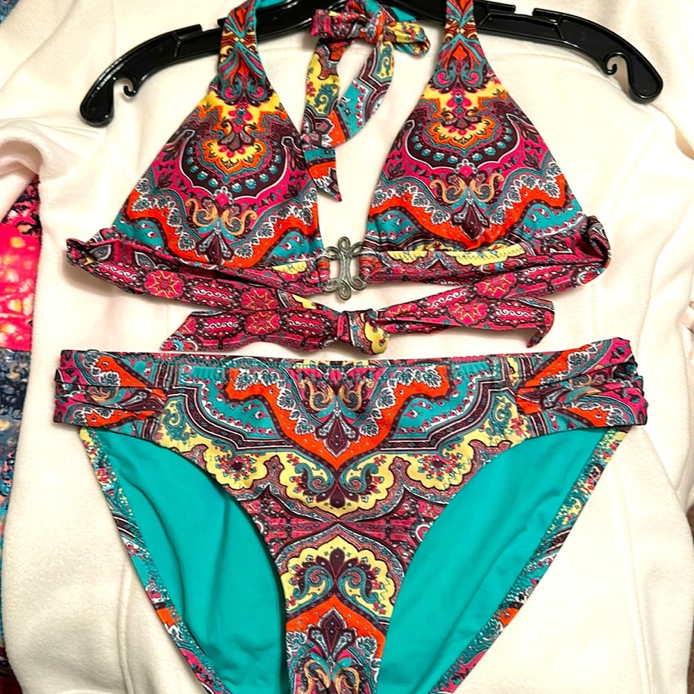BECCA Orange and Green Bikini with Intricate Design